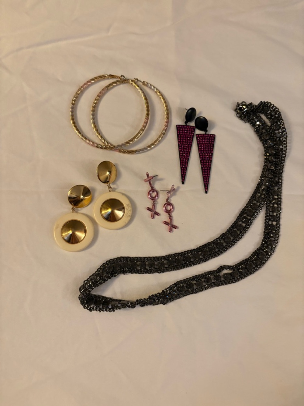 Funky Jewelry Bundle, Mixed golds hoop, Pink Drop Earrings, vintage clip ons etc